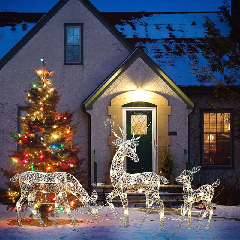 3-piece LED wrought iron deer set with festive Christmas lights, perfect for holiday yard décor.