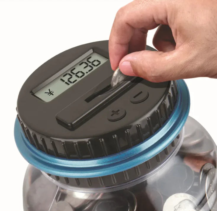 Electronic coin bank with digital display for tracking savings with accurate coin counting.