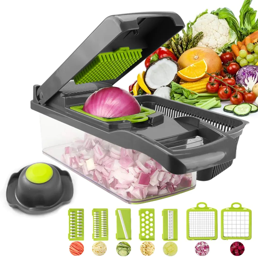 Multifunctional vegetable cutter for slicing, dicing, and chopping vegetables quickly and efficiently.